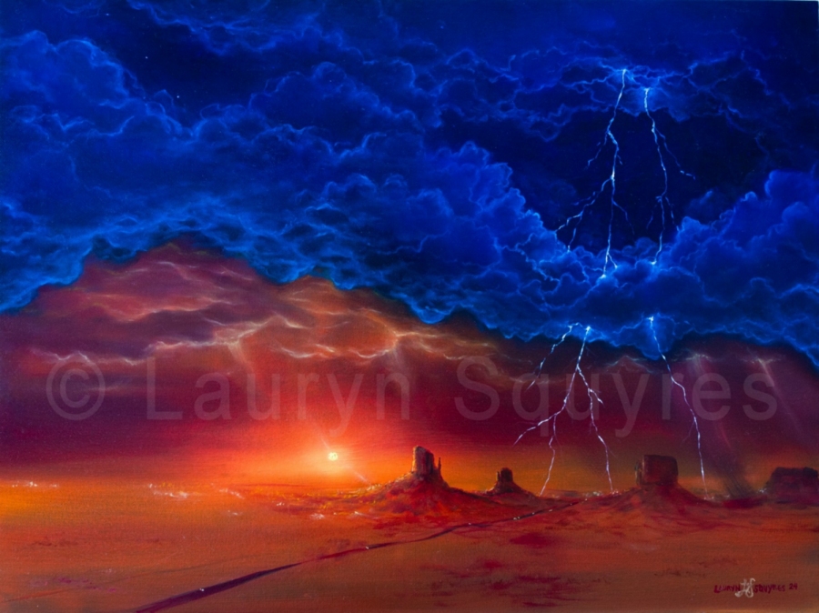 Inspired by works like the movie Cars and Lightning McQueen, Lauryn Squyres' oil painting titled Forecast: 95 and a Chance of Storm.
